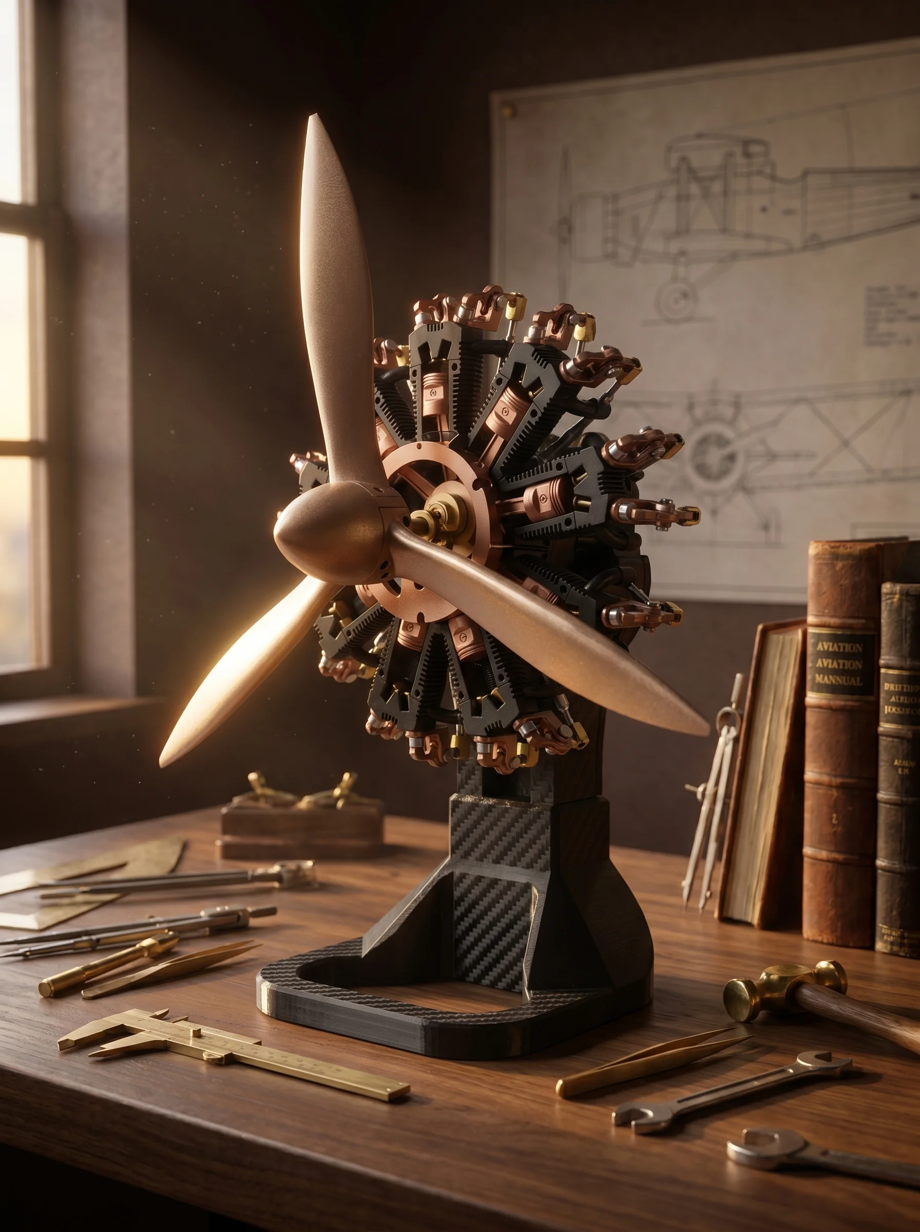 Aero Mécanique R9 — three-quarter view on a craftsman atelier workbench with vintage drafting instruments and aviation manuals in the background