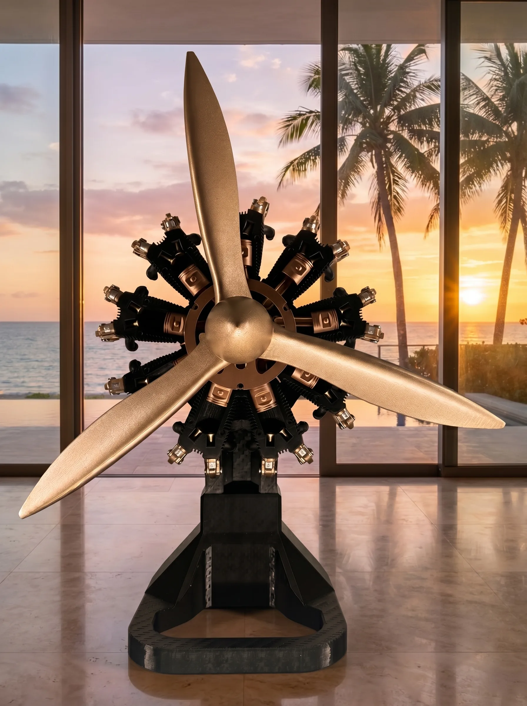 Aero Mécanique R9 — frontal radial star view in a Miami beachfront residence, sunset over the ocean and palm trees through floor-to-ceiling glass