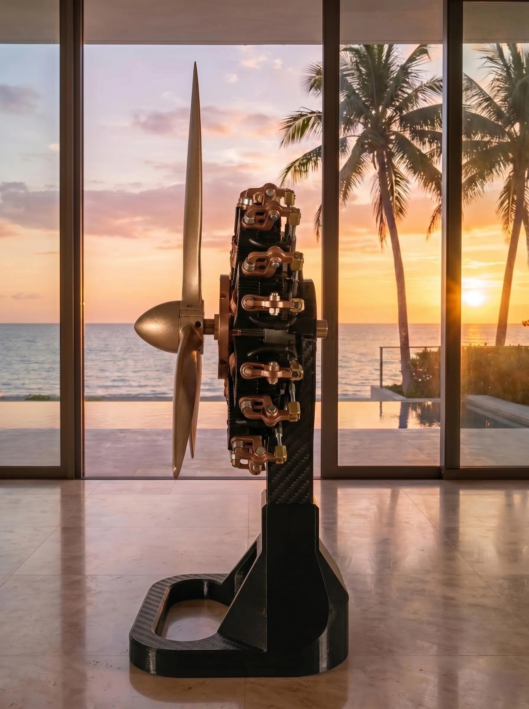 Aero Mécanique R9 — side profile in the beachfront residence at sunset