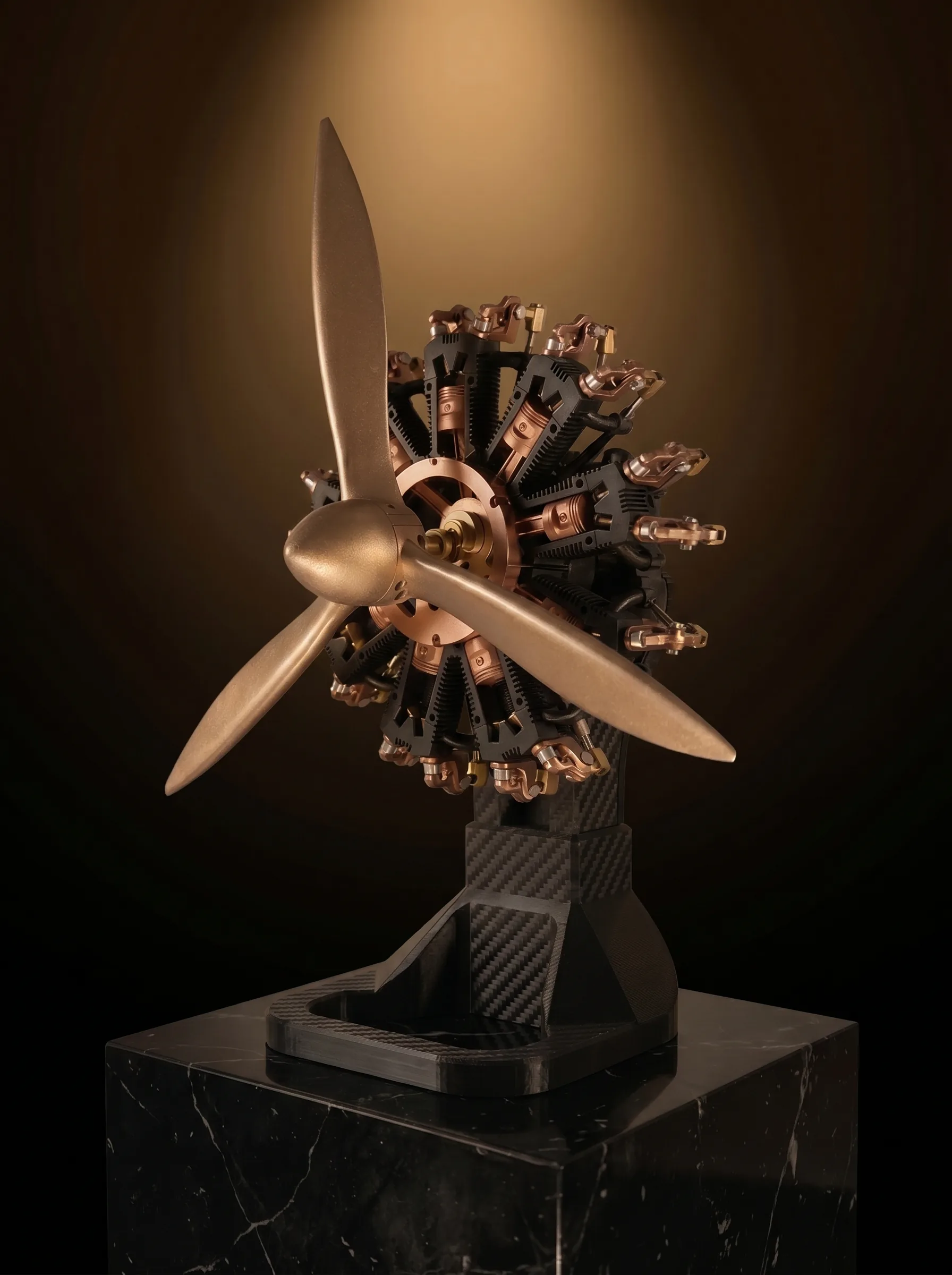 Aero Mécanique R9 — three-quarter view on the museum pedestal under spotlight
