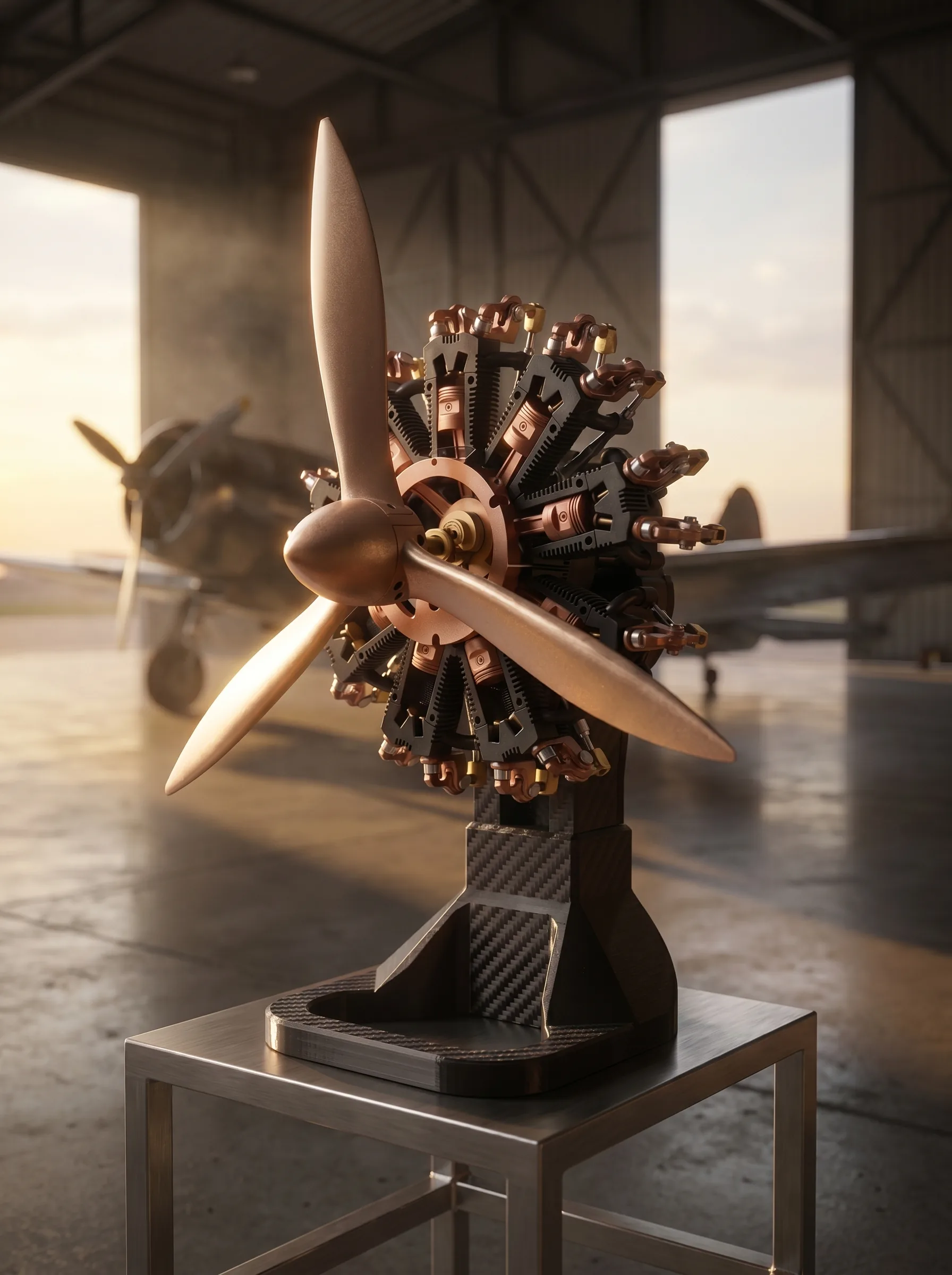 Aero Mécanique R9 — three-quarter view on a brushed steel stand inside a private aviation hangar, vintage propeller aircraft in the golden hour light
