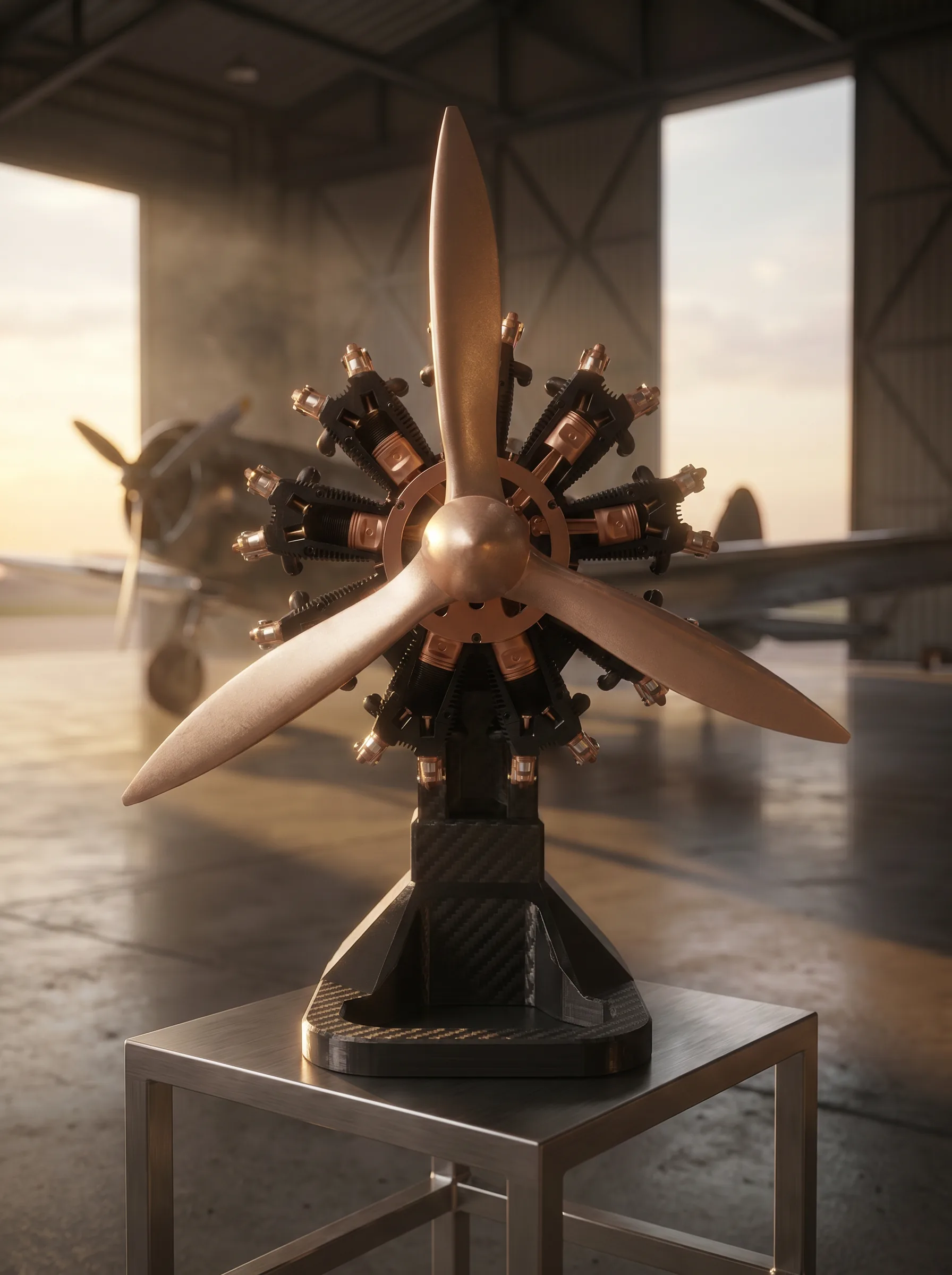 Aero Mécanique R9 — frontal radial star view inside the aviation hangar