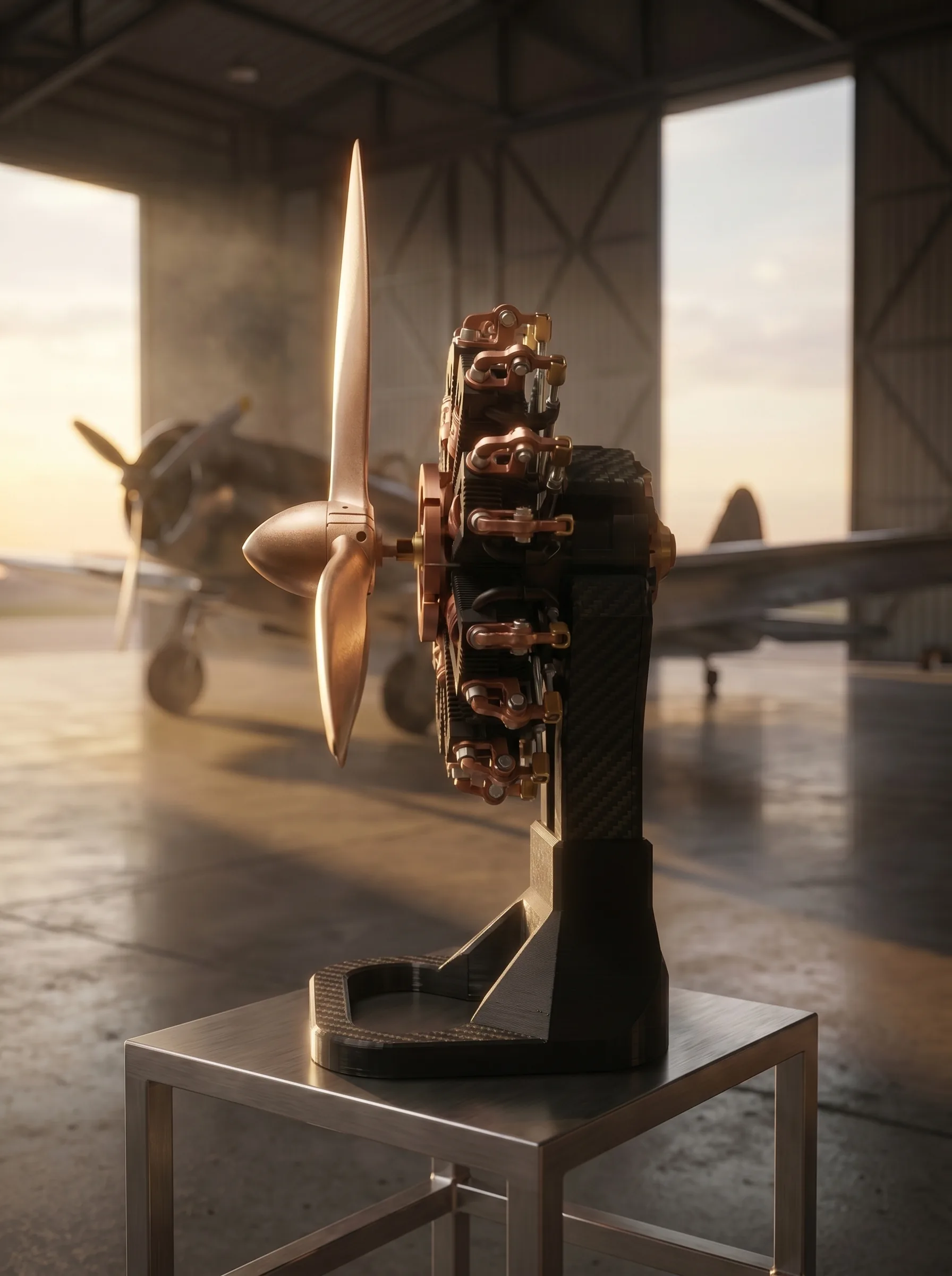 Aero Mécanique R9 — side profile inside the aviation hangar at golden hour