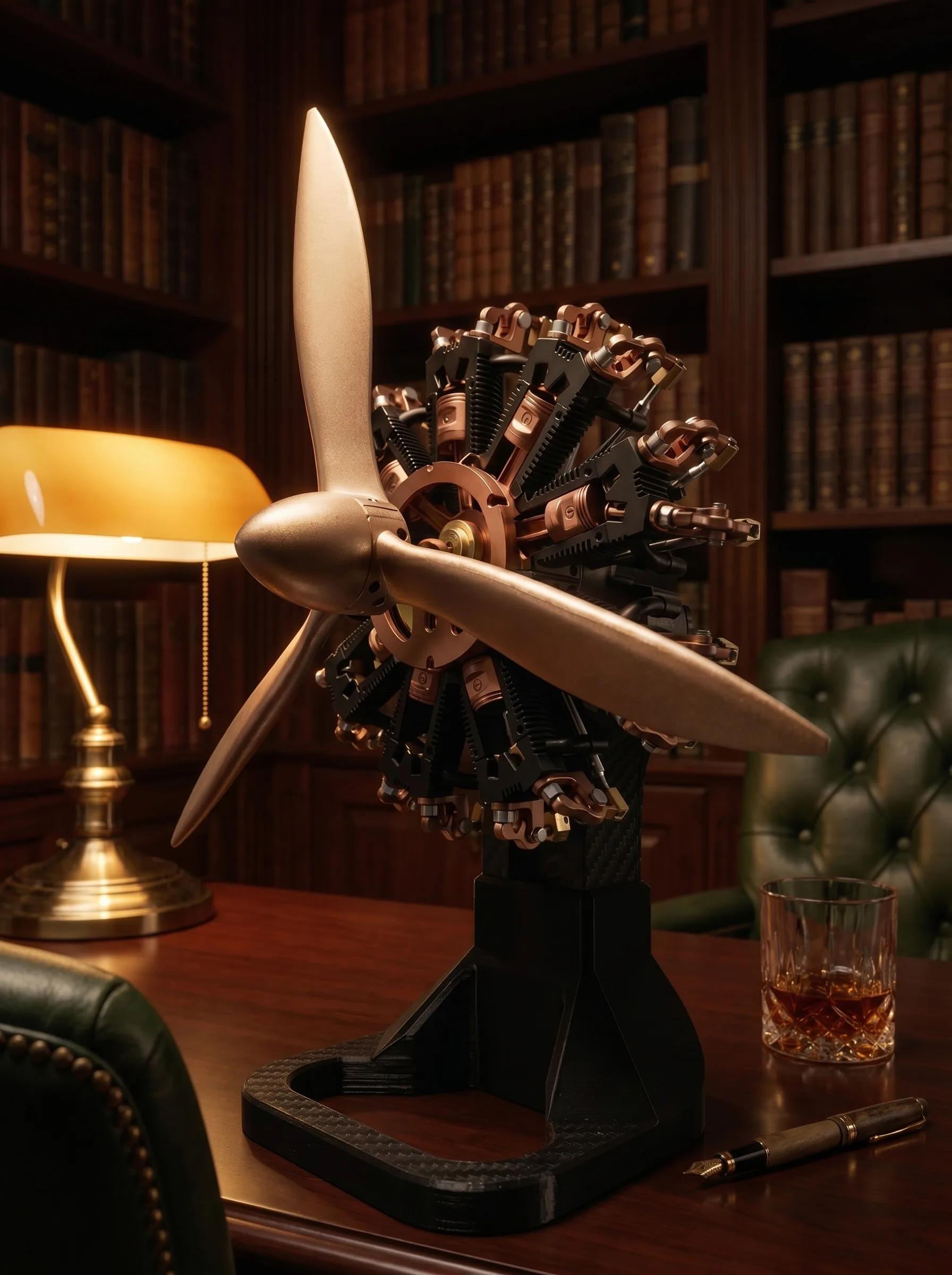 Aero Mécanique R9 — on a mahogany desk in a private collector's study at night, brass banker's lamp and leather-bound volumes