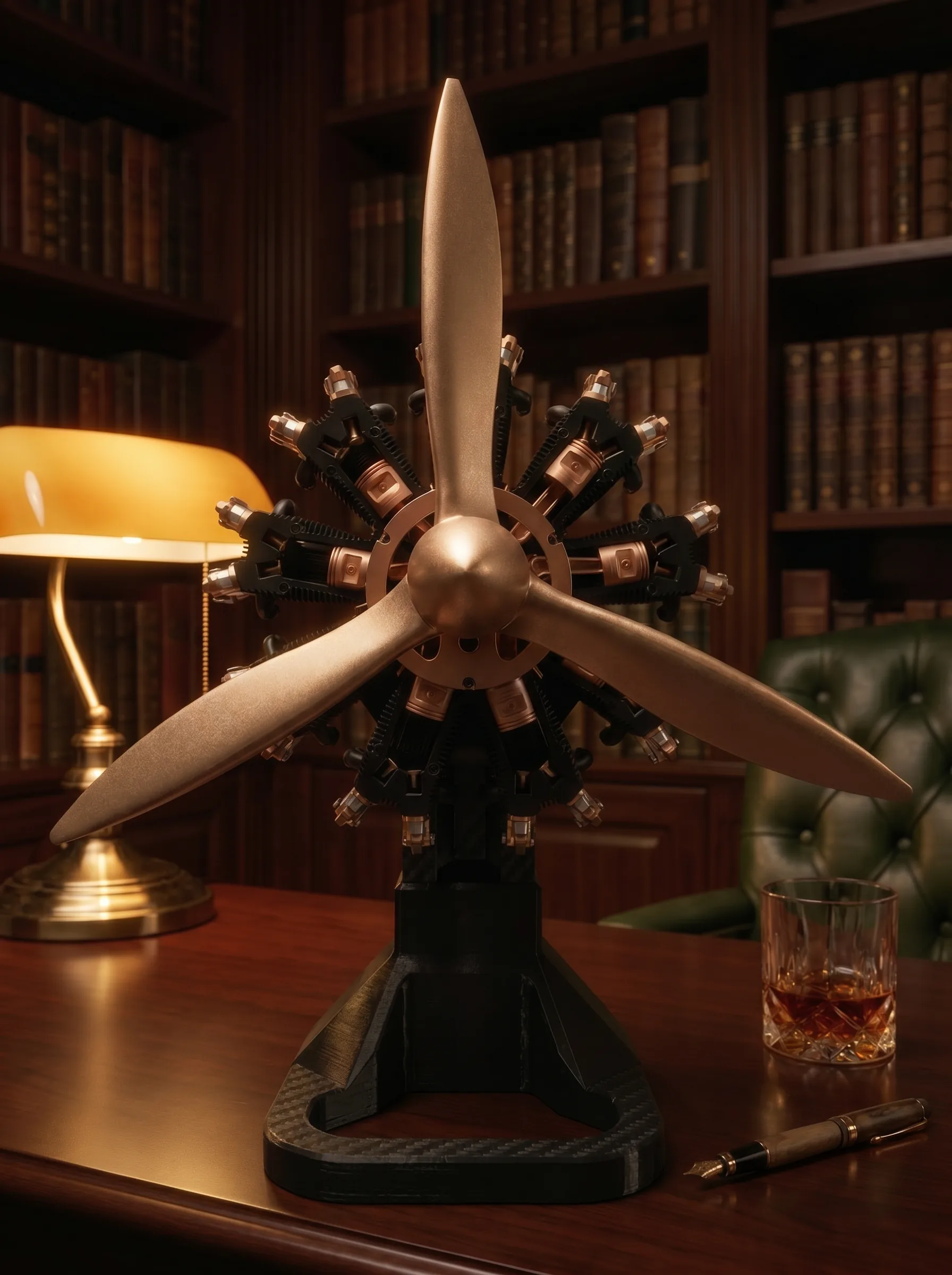 Aero Mécanique R9 — frontal radial star view on the collector's study desk under lamplight